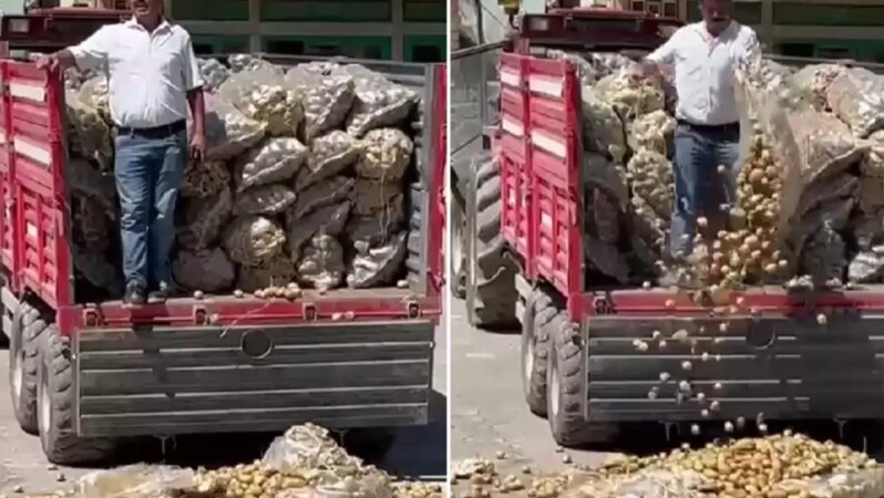 Bir çiftçi, traktörle patatesleri köy meydanına döktü; bakanlık soruşturma açtı.