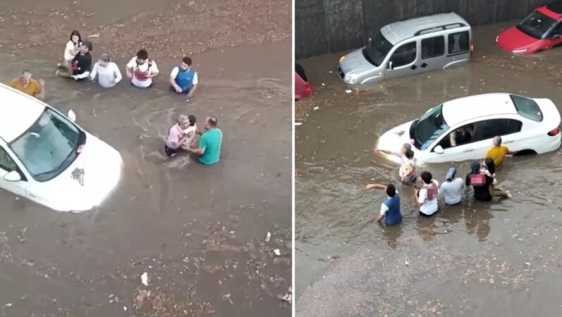 Denizli’de sağanak yağış hayatı olumsuz etkiledi, birçok vatandaş alt geçitte sıkıştı.