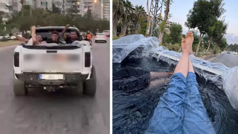 En yüksek maliyetli serinlik: Aracın kasasını havuz yaparak arkadaşlarıyla dolaştı